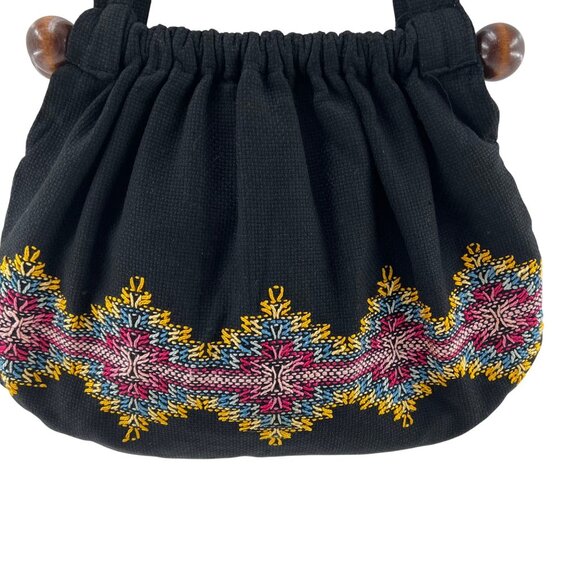 Handmade Black Shoulder Bag Colorful Embroidery & Wooden Accents reversible - Picture 2 of 9